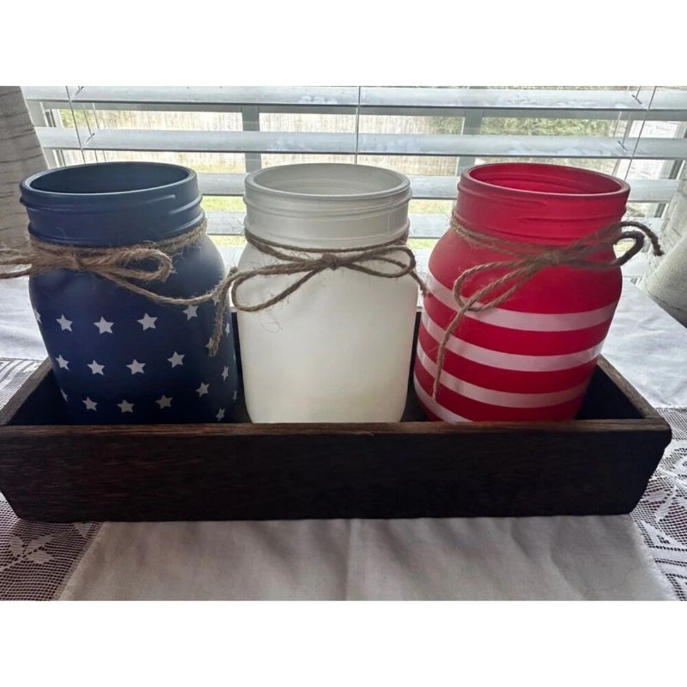 Patriotic Mason Jar Centerpiece Set Red White Blue USA 250th Anniversary Decor
